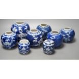 Six Chinese blue and white prunus jars and two similar pots - tallest 13cm