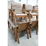 A large rectangular slatted wood garden table, length 174cm, depth 162cm, height 79cm together