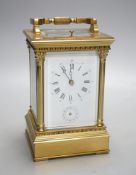 A large late 19th century brass carriage clock with alarm, and push repeat15 cms high.