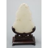 A Chinese inscribed white jade gourd shaped plaque on stand, with calligraphy,12cms high.