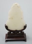 A Chinese inscribed white jade gourd shaped plaque on stand, with calligraphy,12cms high.