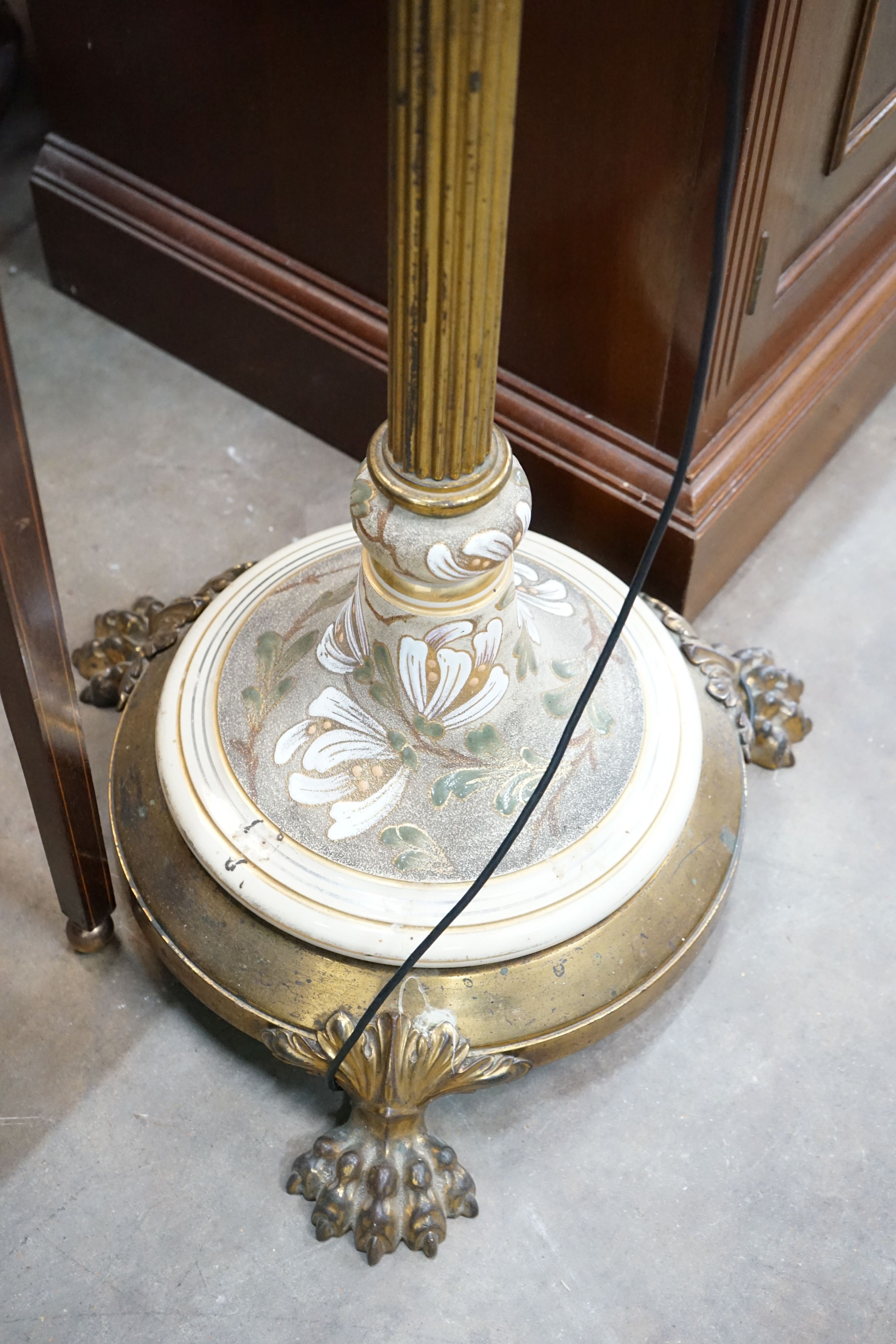 A brass and ceramic standard lamp on lion's paw feet, height 160cm - Image 2 of 3