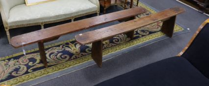 A pair of 19th century provincial elm bench seats, length 199cm, height 46cm