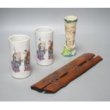 A pair of Chinese famille rose spill vases, Satsuma spill vase and bamboo wrist-rest,Wrist-rest 29