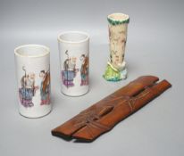 A pair of Chinese famille rose spill vases, Satsuma spill vase and bamboo wrist-rest,Wrist-rest 29