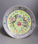 A Chinese yellow ground ‘dragon’ dish, Qianlong mark but Republic period34 cms diameter.