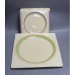 A group of six Clarice Cliff Biarritz plates, various Polly crime geometric designs