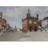 John Yardley (1933-), watercolour, Reigate Town Hall, signed in pencil, 34 x 7cm