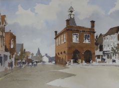 John Yardley (1933-), watercolour, Reigate Town Hall, signed in pencil, 34 x 7cm