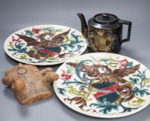 A pair of French pottery dragon & shield dishes, a Queen Victoria Diamond Jubilee teapot and a