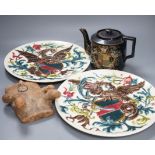 A pair of French pottery dragon & shield dishes, a Queen Victoria Diamond Jubilee teapot and a