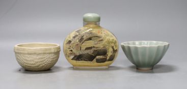 A Chinese inside-painted glass snuff bottle and cover, 10cm high, a Chinese Ming type basketware cup