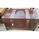 A Chinese brass mounted carved hardwood coffer, length 102cm, depth 52cm, height 63cm