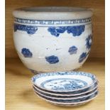 A damaged Chinese blue and white jardiniere and four small dishes,jardiniere 22cms high.