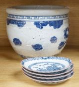 A damaged Chinese blue and white jardiniere and four small dishes,jardiniere 22cms high.