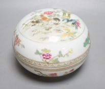 A Chinese famille rose’chickens’ box and cover, possibly Republic period, with mark,13cms high.