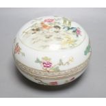 A Chinese famille rose’chickens’ box and cover, possibly Republic period, with mark,13cms high.