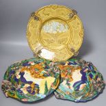 Two Continental Art Nouveau style plaques and a brass mounted dish,dish 31.5 cms diameter.