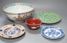 A Chinese Kangxi Imari dish, a blue and white dish, Qianlong famille rose bowl, a republic period