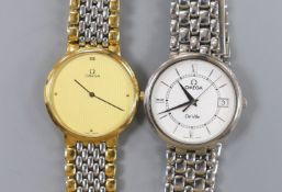 A gentleman's stainless steel Omega De Ville quartz wrist watch and a similar two tone Omega