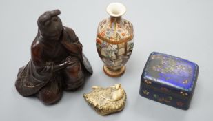 An antler horn Japanese netsuke, enamel box, carved figure and a small Satsuma vase,carved figure