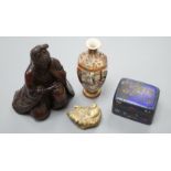 An antler horn Japanese netsuke, enamel box, carved figure and a small Satsuma vase,carved figure