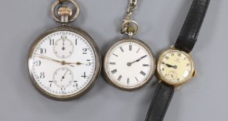 A lady's 9ct gold Omega manual wind wrist watch, a 935 white metal fob watch with albert and a