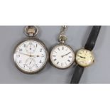 A lady's 9ct gold Omega manual wind wrist watch, a 935 white metal fob watch with albert and a