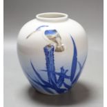 A Japanese underglaze blue, brown and red ‘kingfisher’ vase, by Fukugawa, koransha mark,16 cms