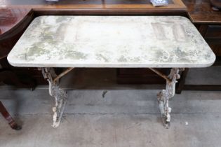A Victorian rectangular cast iron marble top garden table, width 107cm, depth 53cm, height 72cm