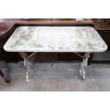 A Victorian rectangular cast iron marble top garden table, width 107cm, depth 53cm, height 72cm