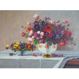 Karl Vukovic (1897-1973), oil on canvas, Still life of flowers on a table top, signed, Stacy Marks
