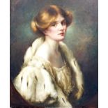 English School c.1900, oil on canvas, Portrait of a young lady wearing an ermine trimmed cape,