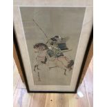 Japanese School, 19th century, Ink and colour on silk, Samurai on horseback, inscribed - 59 x 30cm