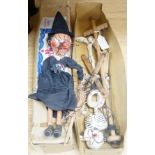 Two Pelham puppets, Skeleton and Witch and a box,Witch 38 cms high.