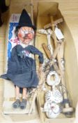 Two Pelham puppets, Skeleton and Witch and a box,Witch 38 cms high.