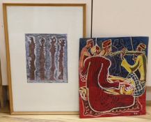 Teng, watercolour, African musicians, 45 x 38cm, unframed and a framed mixed media abstract