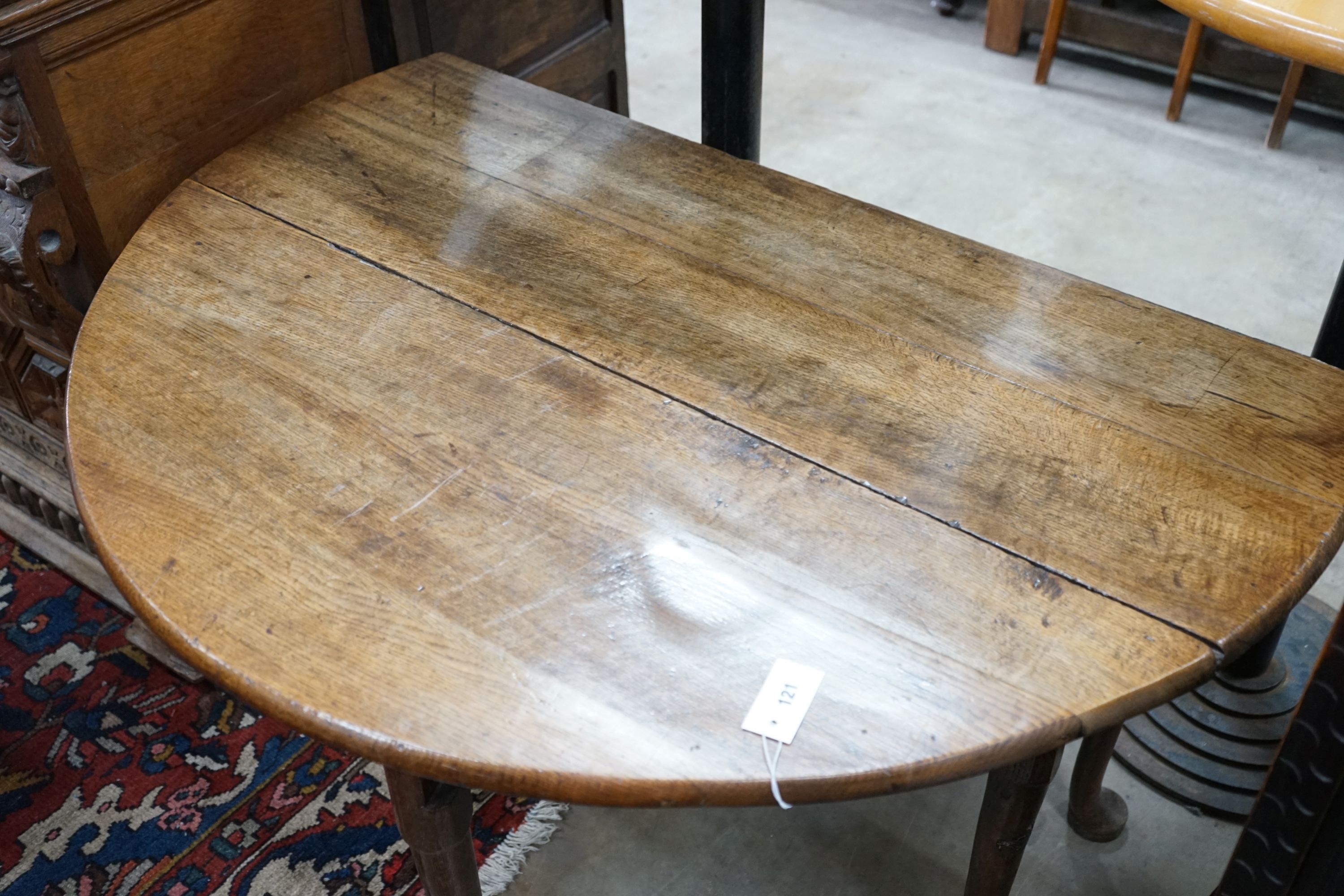 A George III provincial oak drop leaf pad foot dining table, length 120cm extended, width 120cm, - Image 3 of 3