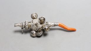 A late Victorian silver baby’s rattle, with bells, whistle and coral teether, Hilliard &
