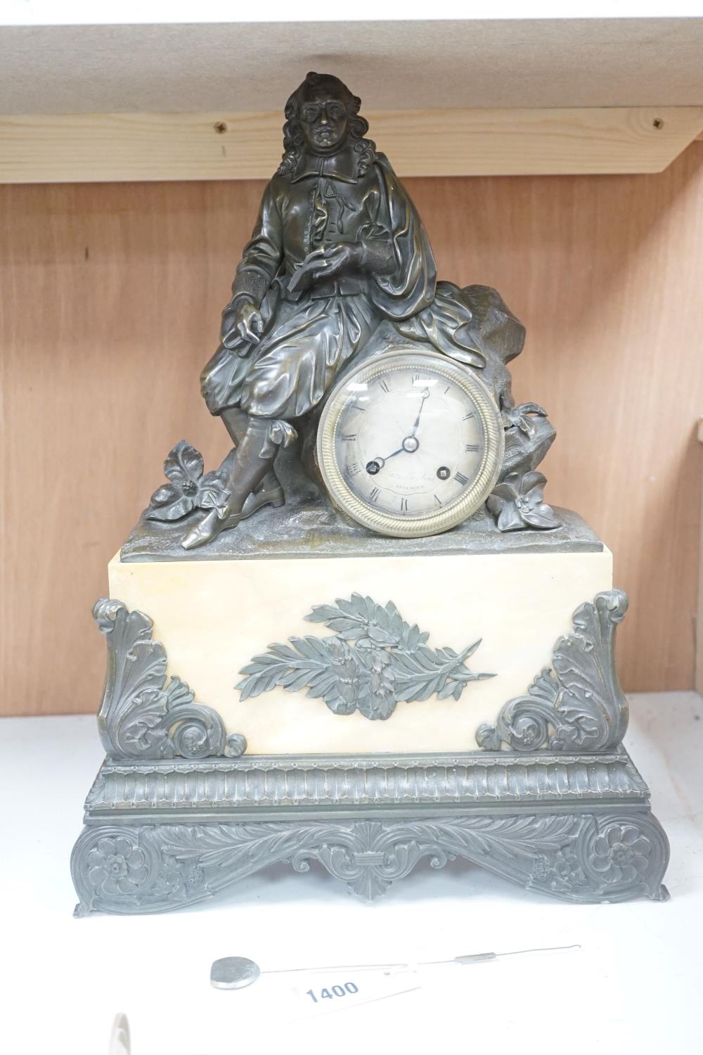A 19th century French mantel clock, bronze scholar surmount, signed Bataille Aine, Besancon,44cms - Image 4 of 6