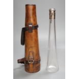 A Victorian silver mounted travelling glass flask in fitted brown leather case,- flask not including