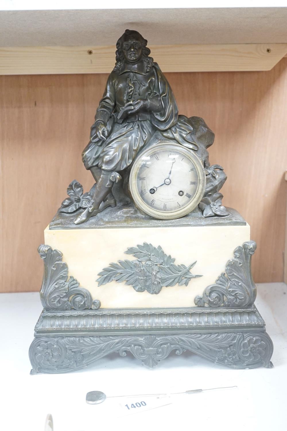 A 19th century French mantel clock, bronze scholar surmount, signed Bataille Aine, Besancon,44cms