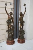 A pair of allegorical spelter figures after Ferrand 'Automobile' and 'Aviation', circa 1907, 72cm