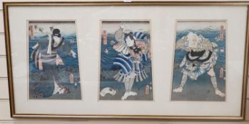 Kunisada, triptych of Japanese woodblock prints, Actors on stage beside the sea, each 35 x 24cm,