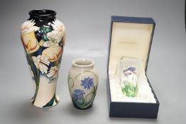Moorcroft pottery vase, dated 2010, a smaller vase dated 2011 and a Moorcroft enamel Lisianthus