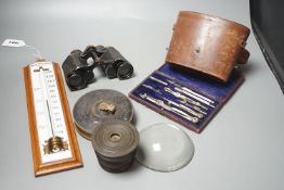 Cased drawing instruments, binoculars, weights, tape etc. including a Negretti and Zambra