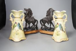 A small pair of painted spelter Marly horses and a pair of Austrian ceramic vases, tallest 23cm