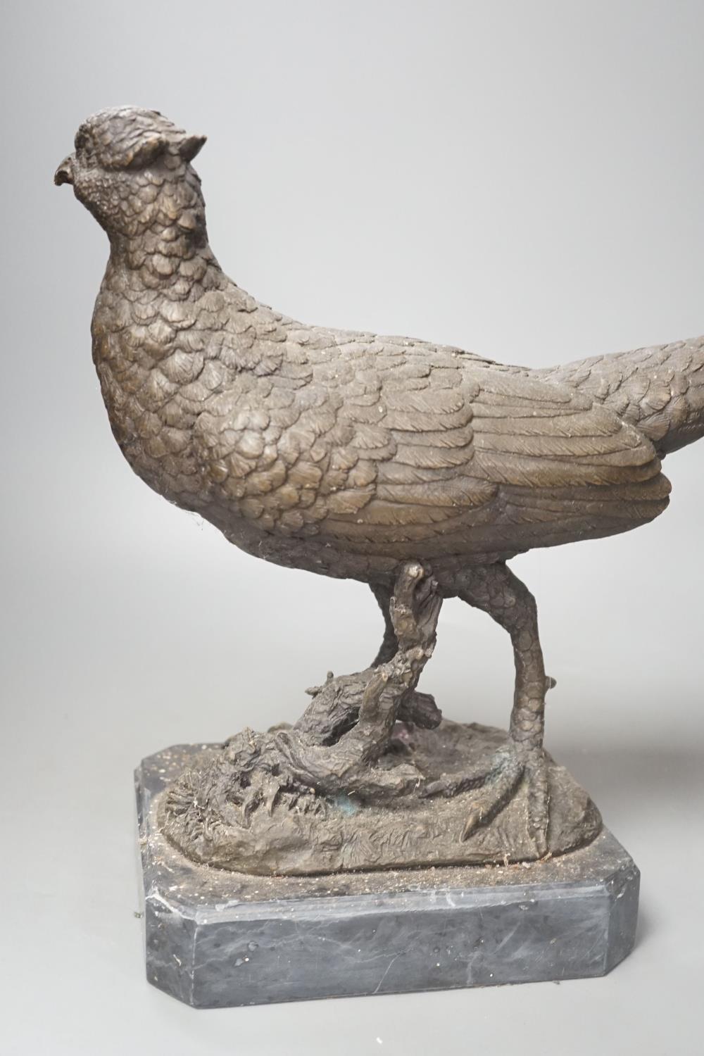 A bronzed metal pheasant, indistinctly signed, on marble base. Length 51cm - Image 3 of 6