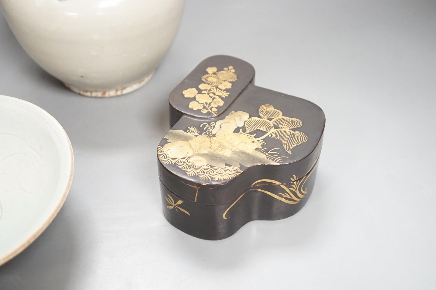 A Chinese Qingbai type bowl, a Ding type jar and a Japanese lacquer box, tallest 15cm - Image 2 of 5