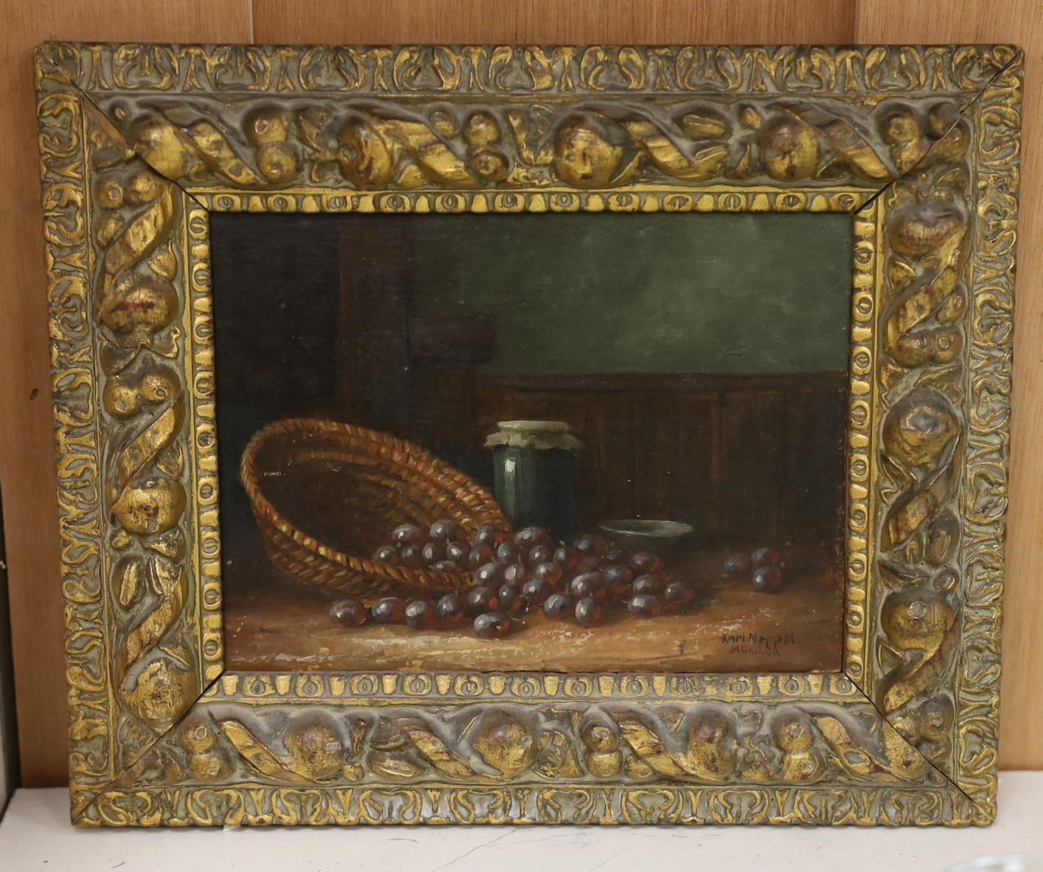 Karl Neppel (German, 1883-1961), oil on board, Still life of grapes on a table top, signed, 13 x - Image 2 of 3